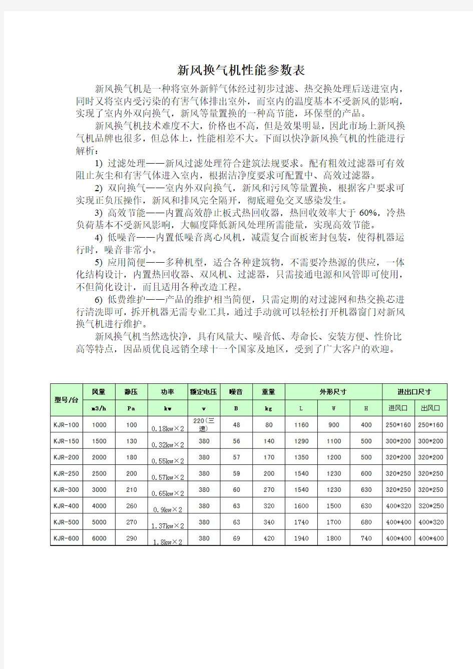 新风换气机性能参数表