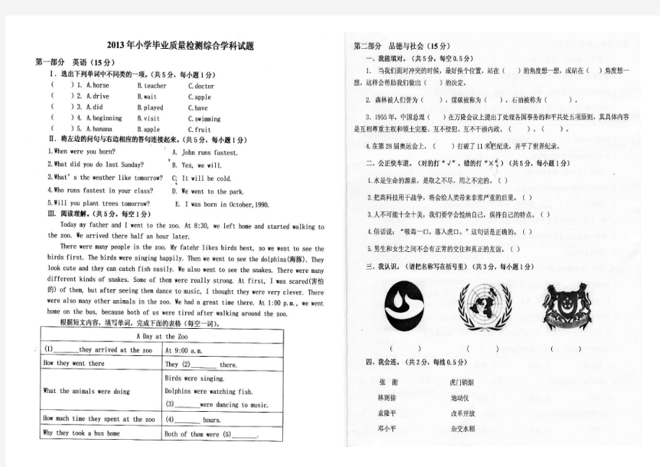 2013年南昌县小学毕业质量检测综合学科试题(扫描版)