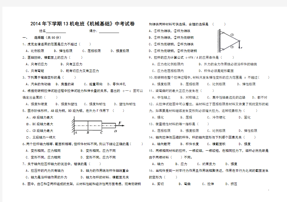 2015年湖南省对口升学机电专业材料力学章节总复习试卷