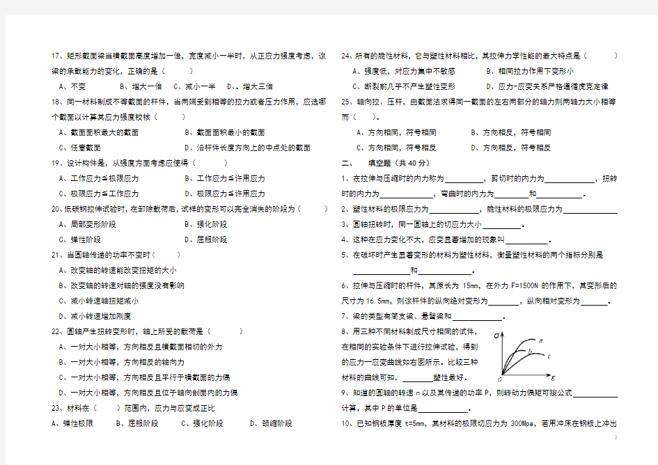 2015年湖南省对口升学机电专业材料力学章节总复习试卷