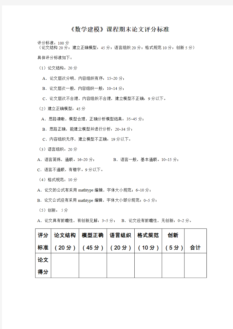 《数学建模》课程论文评分标准