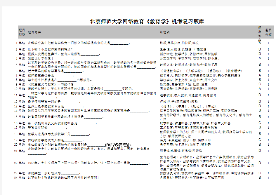 北京师范大学网络教育《教育学》机考复习题库