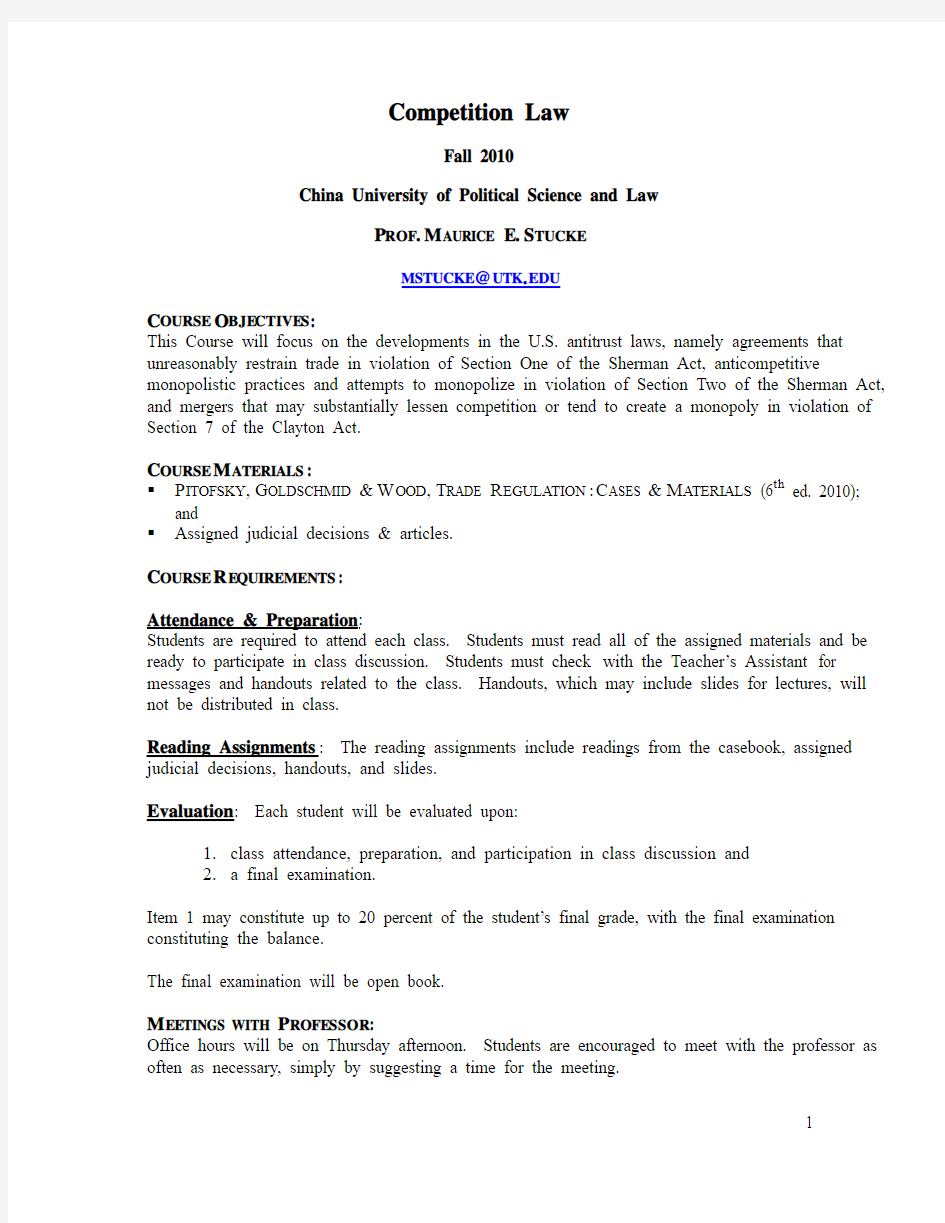 Revised 2010 China Competition Law Course Outline