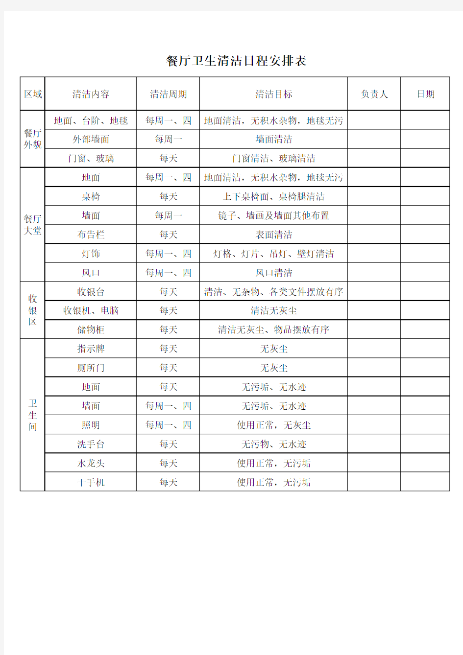 咖啡厅卫生清洁日程表