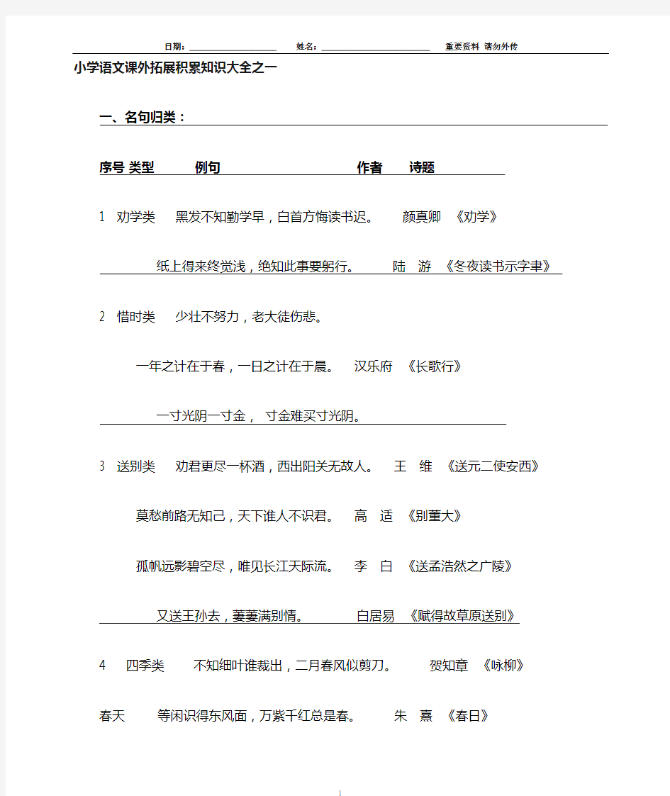 小学语文课外拓展积累知识大全之(1-6)已经整理待打印