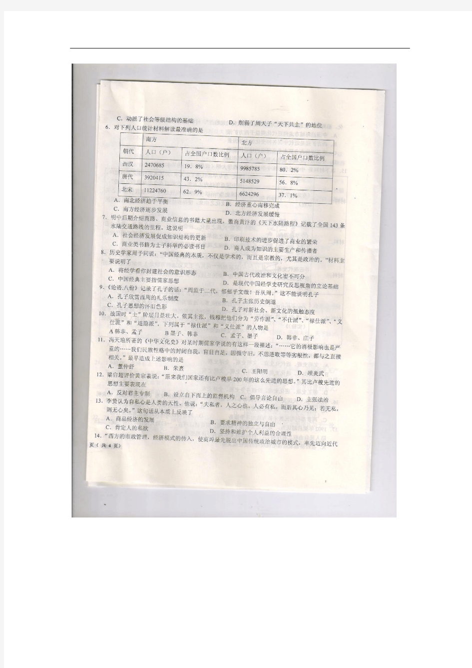 【恒心】2015届河南省八市重点高中高三第二次联考历史试题及参考答案【扫描版】