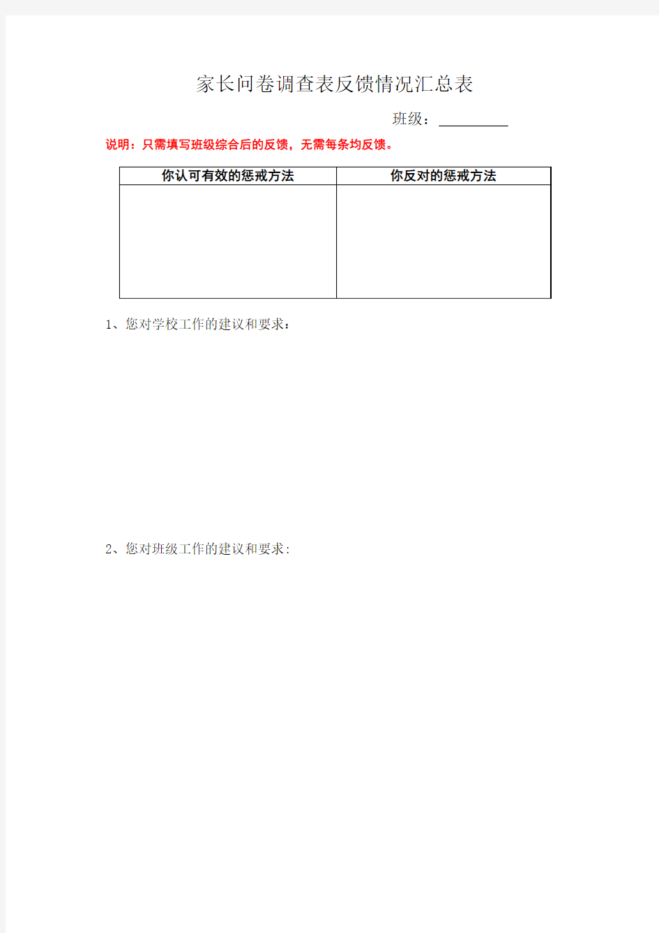 家长问卷调查表反馈情况汇总表