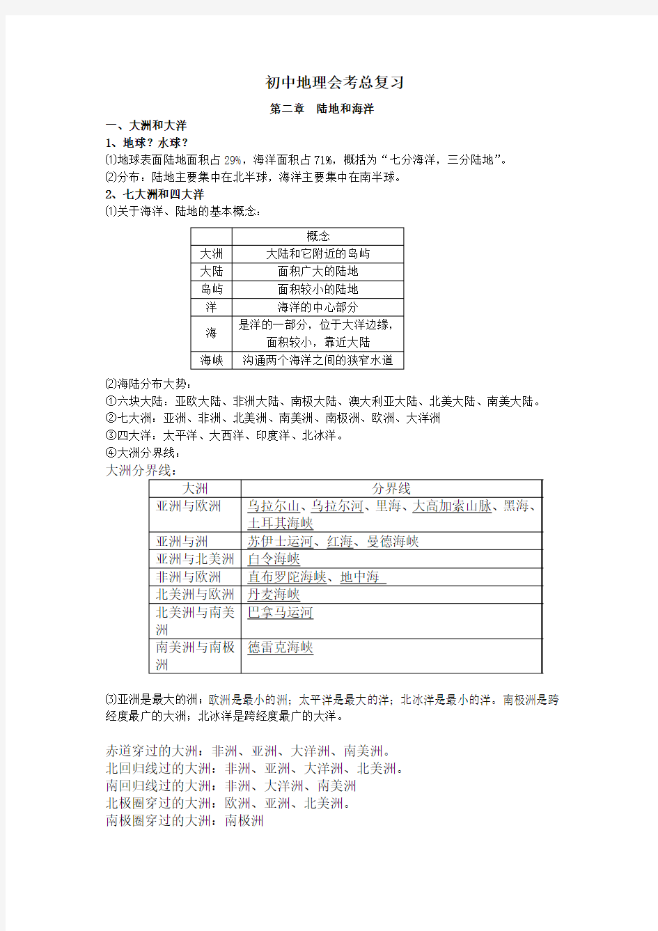 初中地理总复习——陆地与海洋