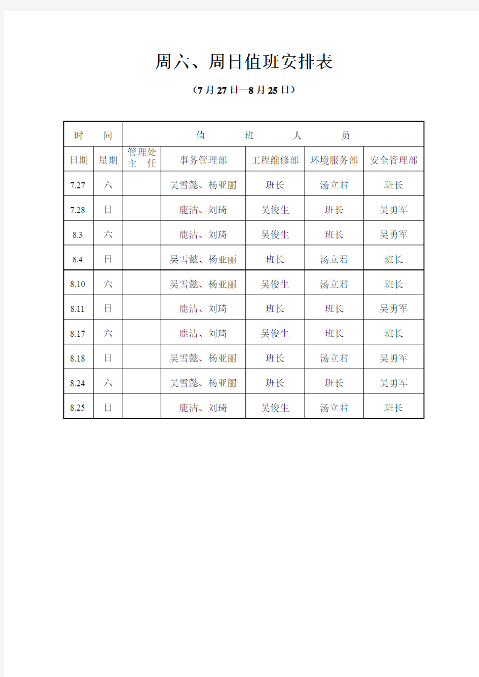 周六、周日值班安排表