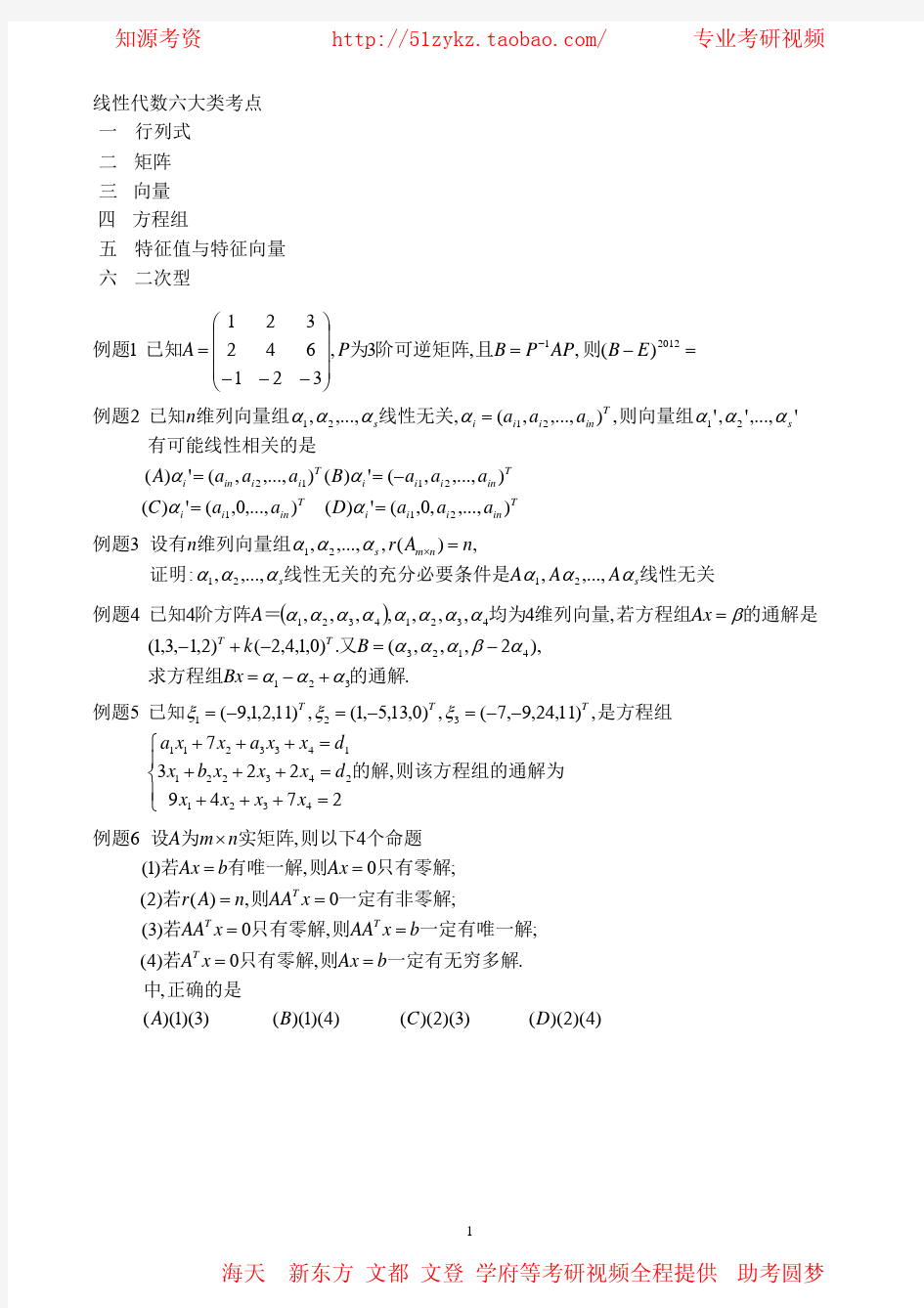 2012学府考研数学冲刺班-线代-张伟讲义