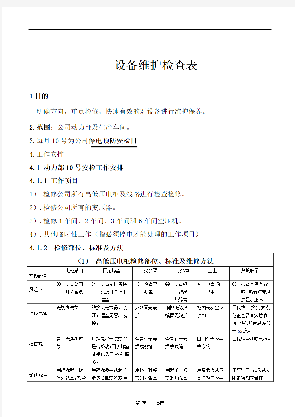 设备维护检查表