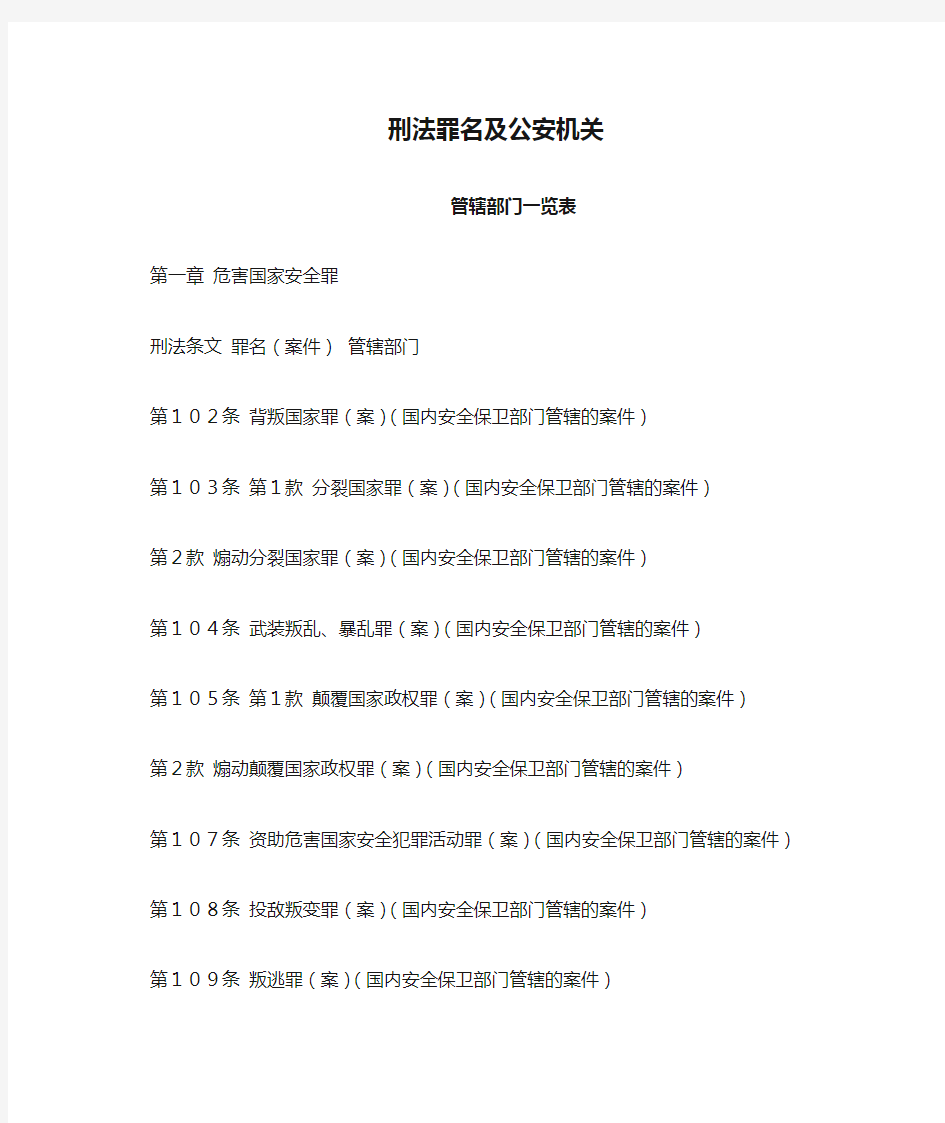 刑法罪名及公安机关管辖部门一览表