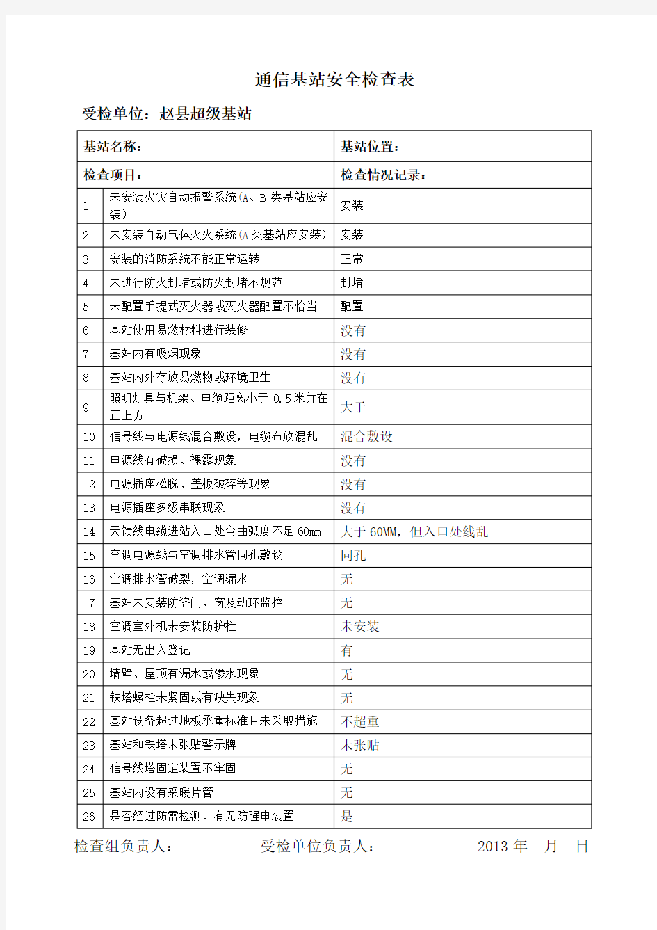 通信机房、基站安全检查表