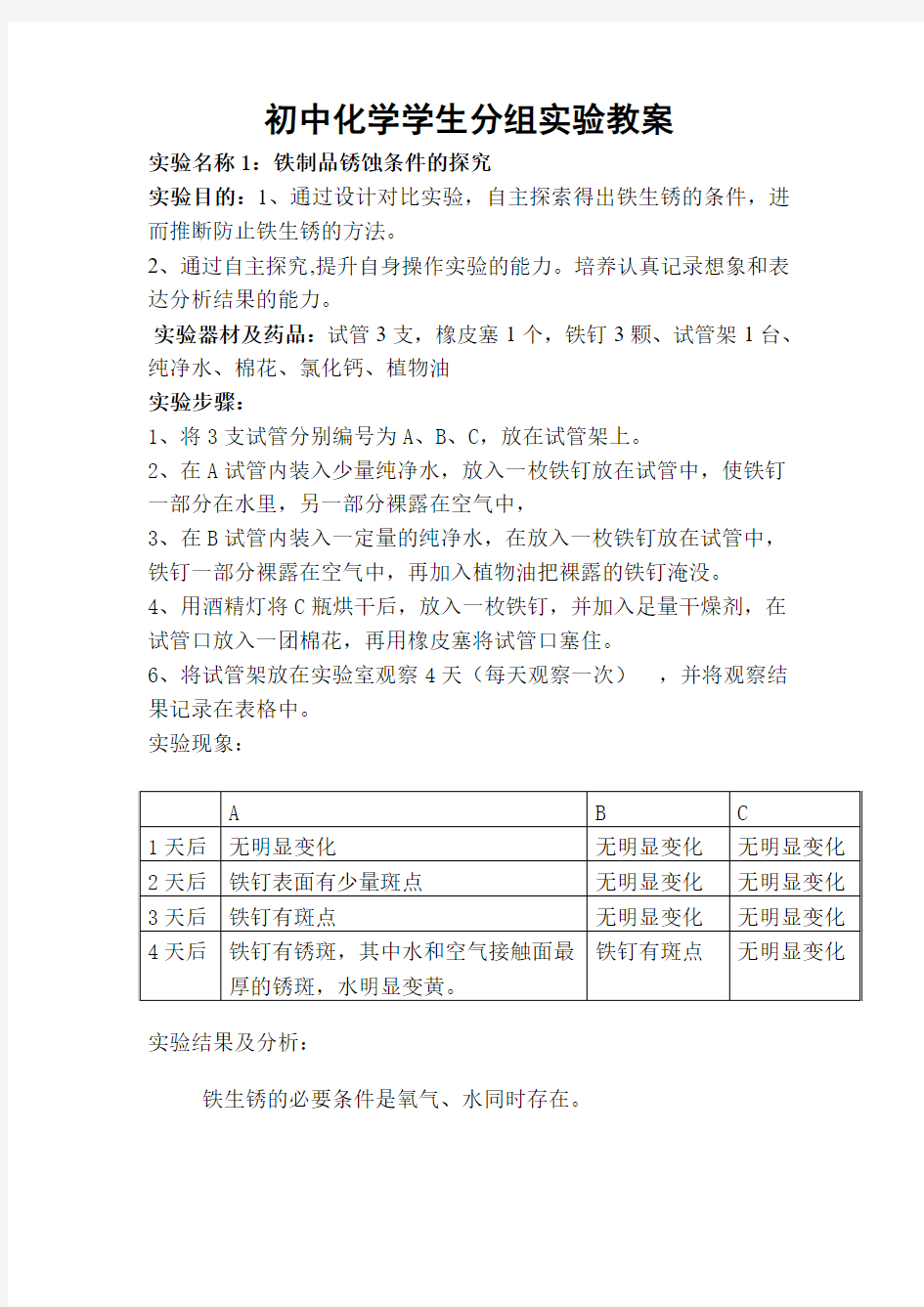 初中化学学生分组实验教案  铁制品锈蚀条件的探究