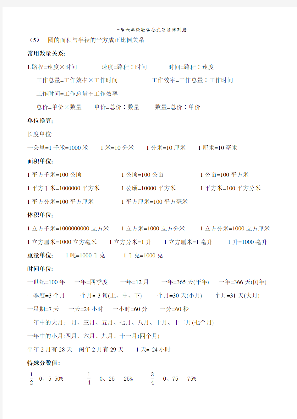 一至六年级数学公式及规律列表