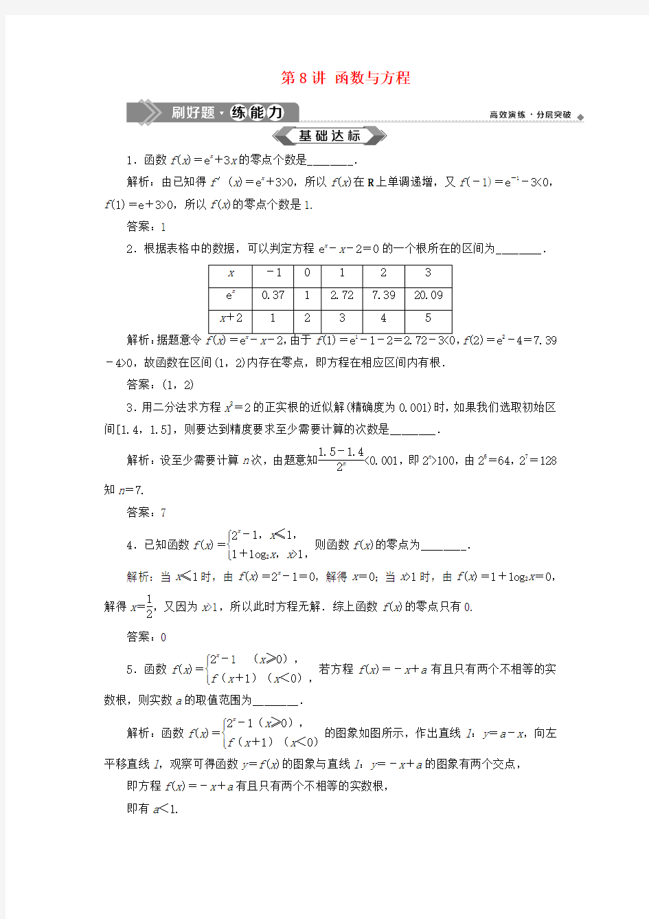 2020版高考数学(江苏专用)大一轮复习第二章基本初等函数导数的应用8第8讲函数与方程刷好题练能力(文科)