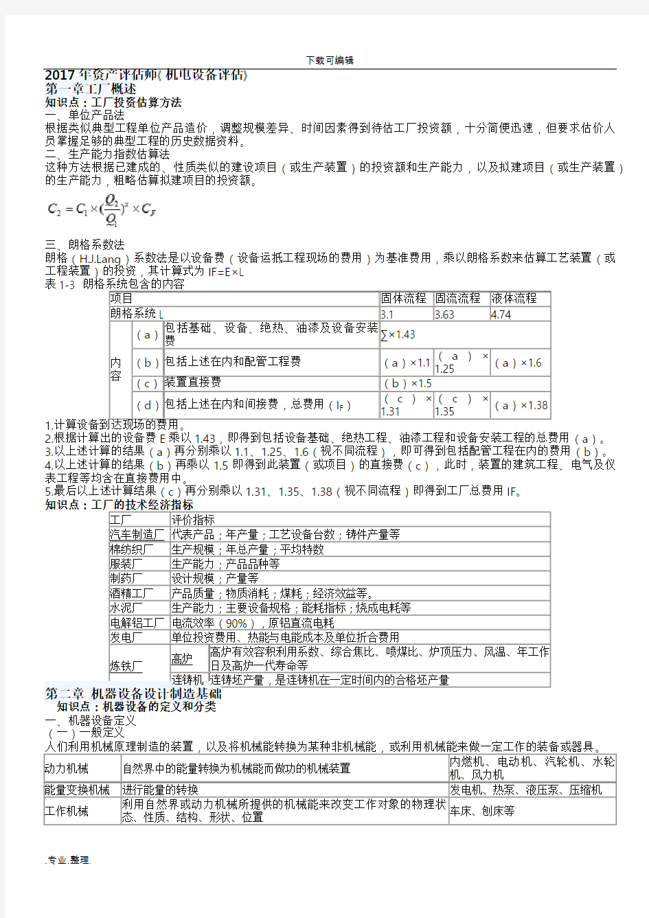 2017年资产评估师《机电设备评估》所有知识点整理