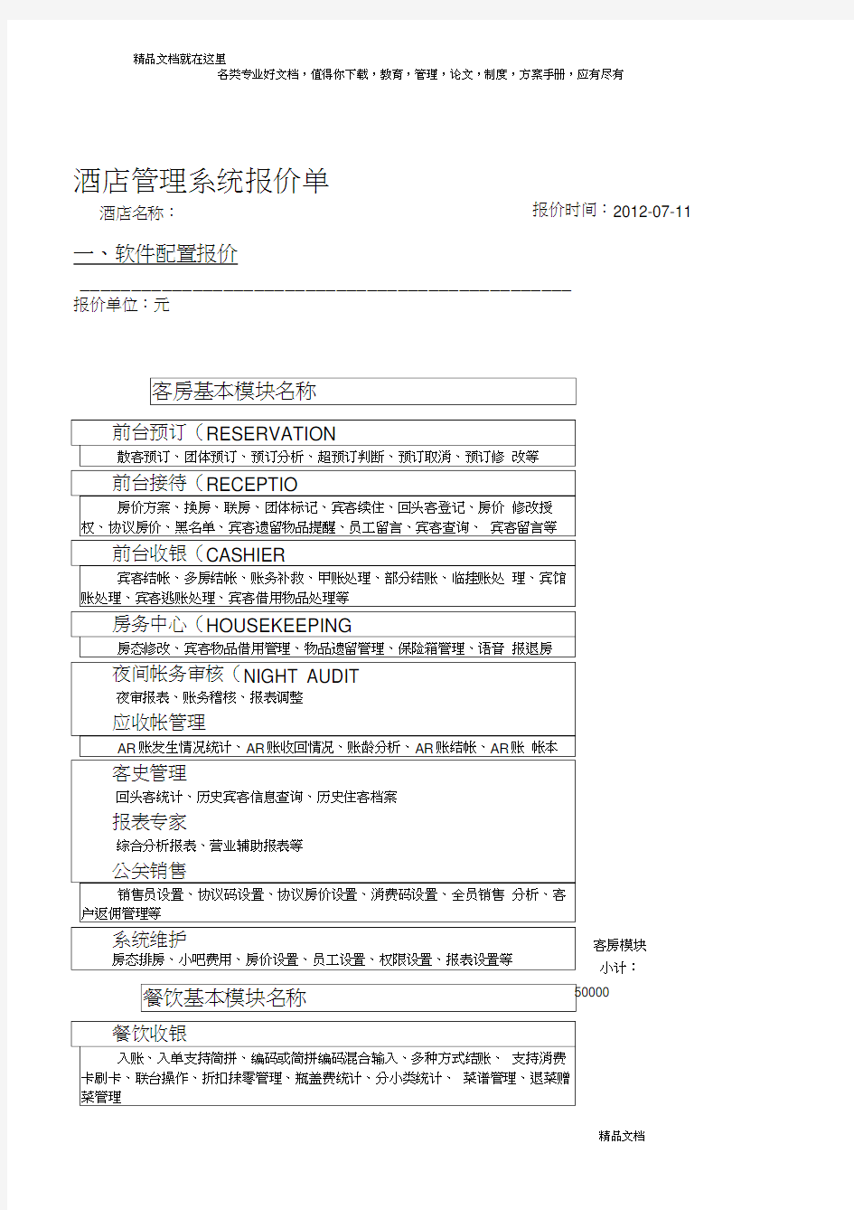 2012酒店管理系统报价单