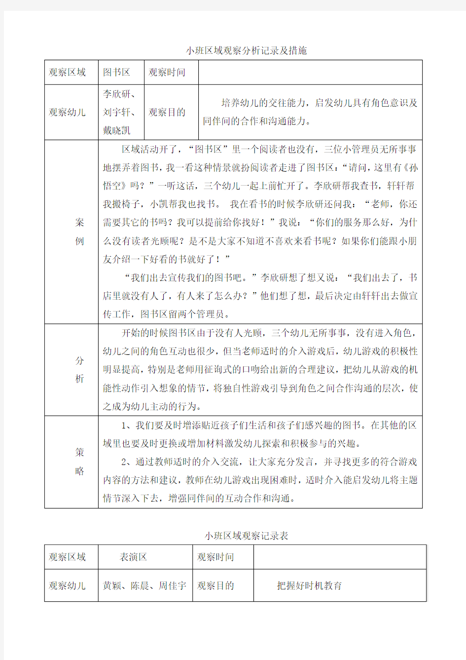 幼儿小班观察记录分析与措施记录表