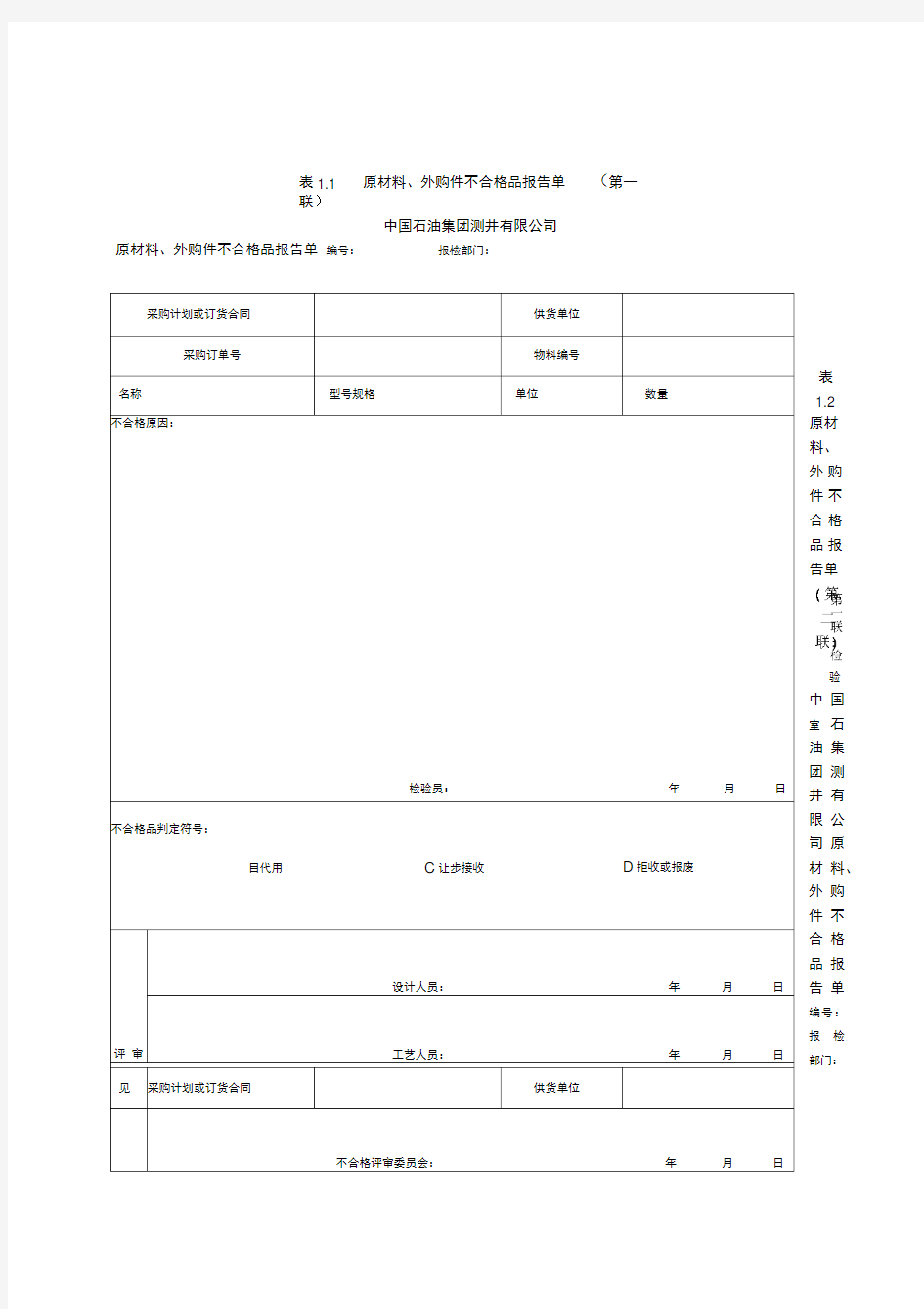 不合格品报告单