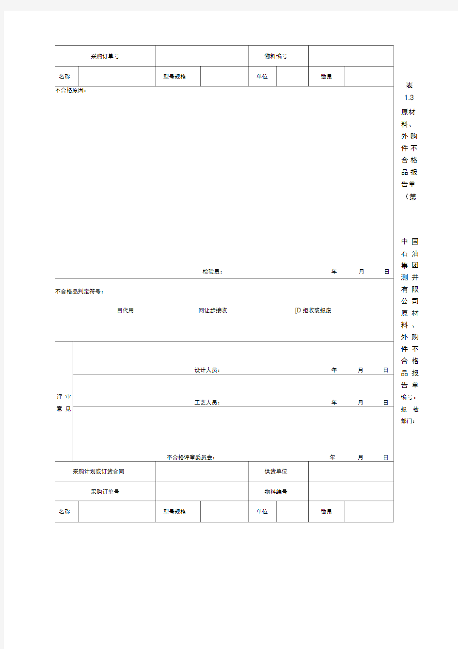 不合格品报告单