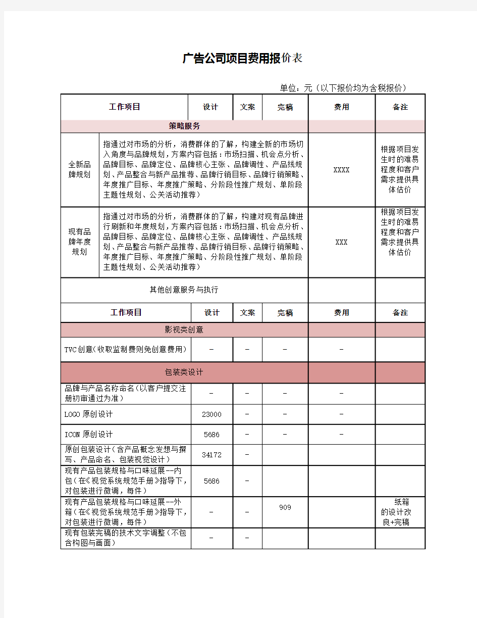 广告公司项目报价表