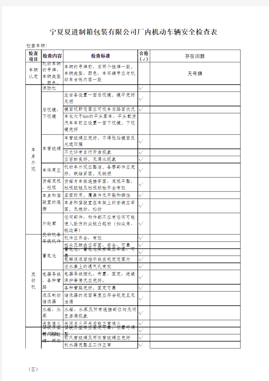 厂内机动车辆安全检查表