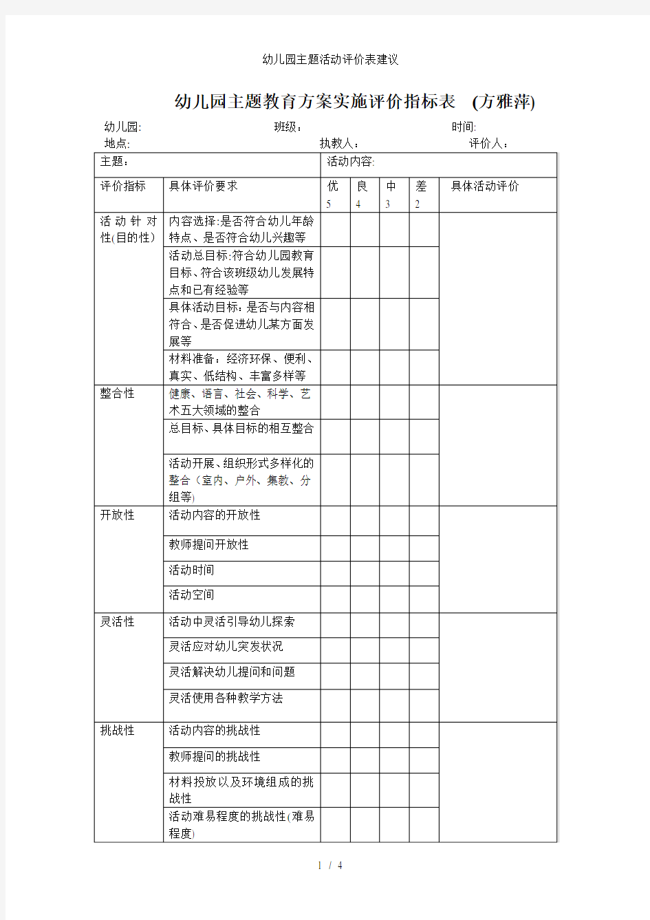 幼儿园主题活动评价表建议