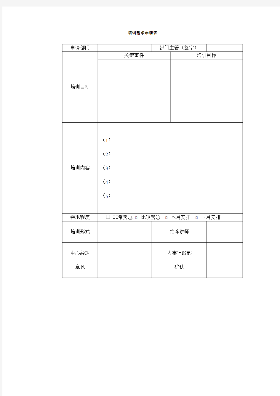 培训需求申请表表格格式