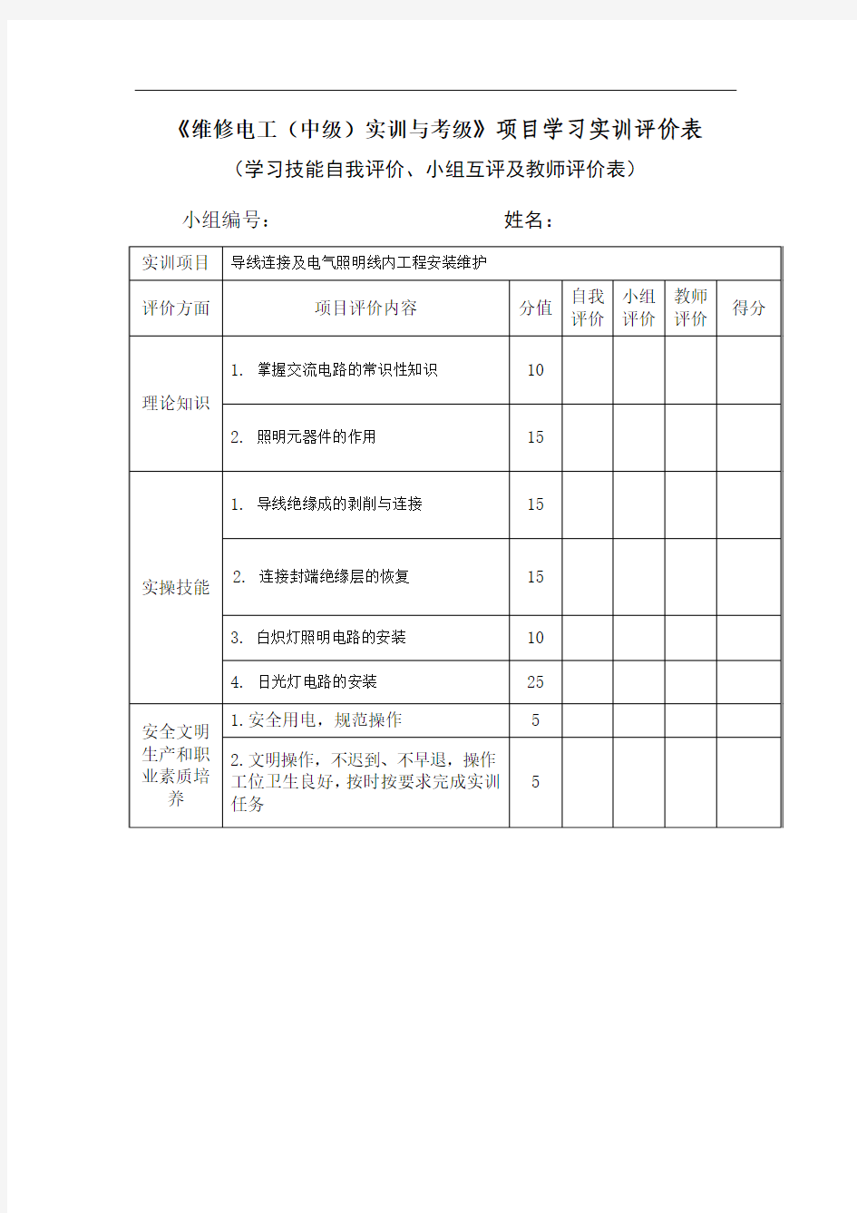 项目学习实训评价表