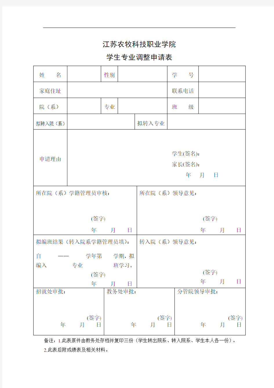 江苏农牧科技职业学院 学生专业调整申请表