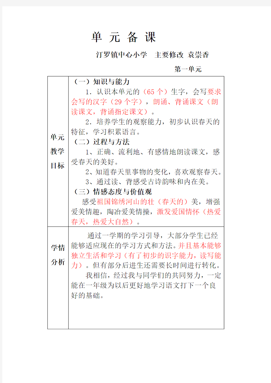 人教版一年级语文第一单元备课