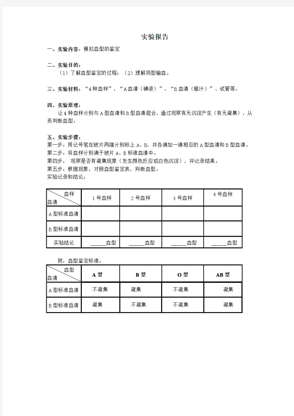 生物人教版七年级下册模拟血型鉴定实验报告单