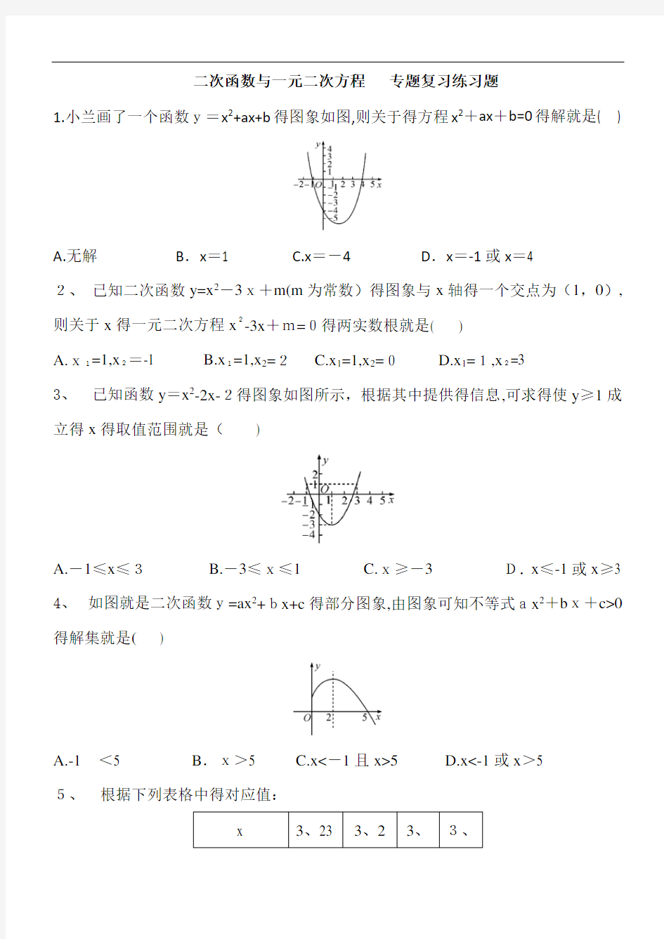 《二次函数与一元二次方程》专题练习含答案