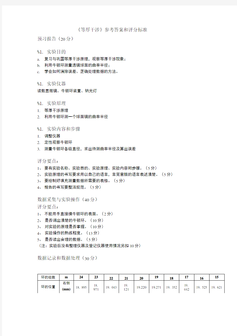 大学物理实验教程第二版思考题答案(李学金著)----等厚干涉评分标准(精品).doc