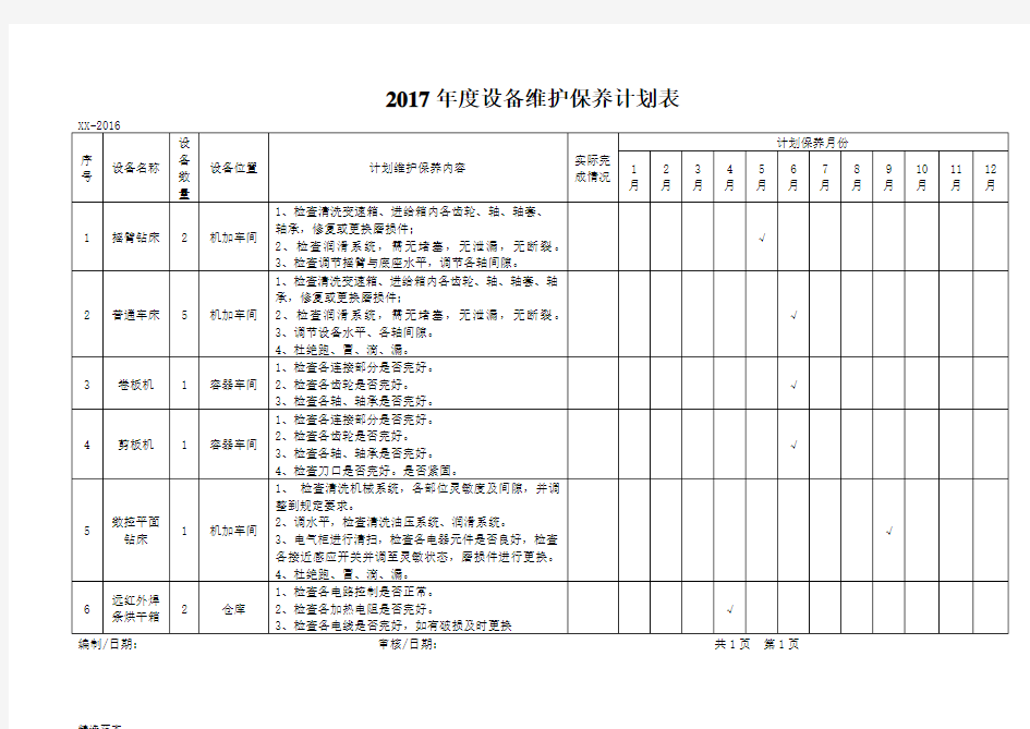 年度设备维护保养计划表最新版