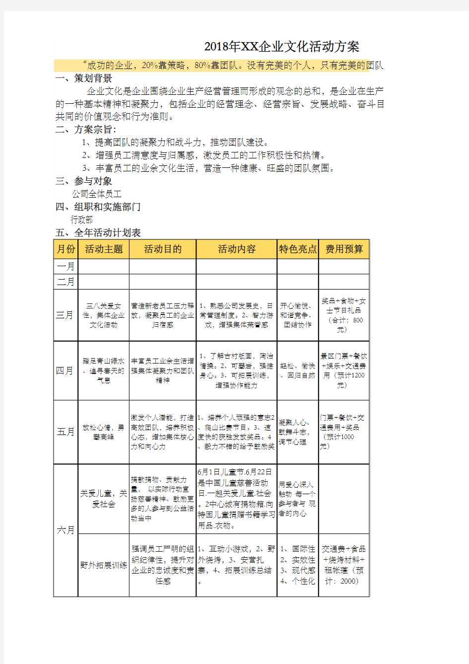 企业全年文化活动方案