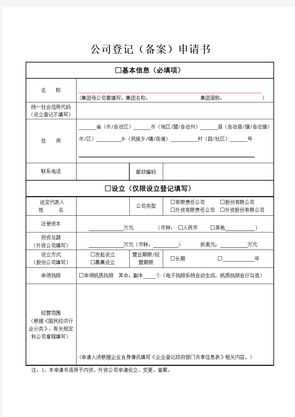 公司企业注册各类表格文档模板、公司章程模板