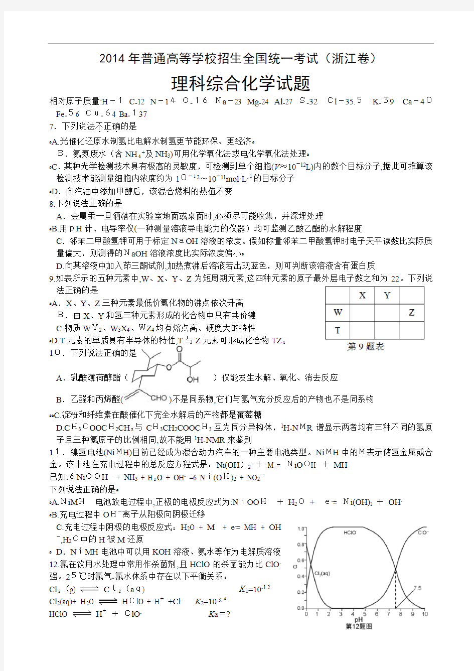 2014年浙江高考理综试题含标准答案解析