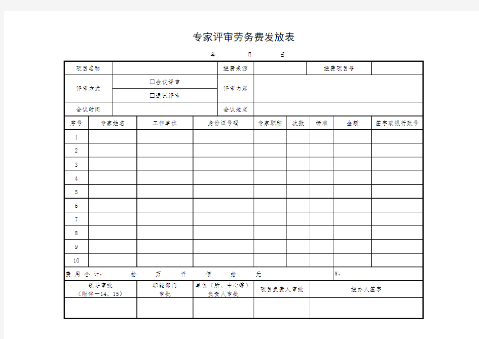 专家评审劳务费发放表