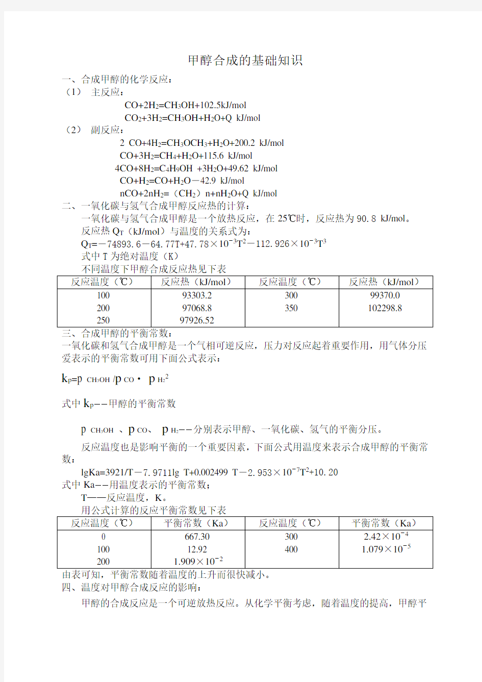 甲醇合成的基础知识