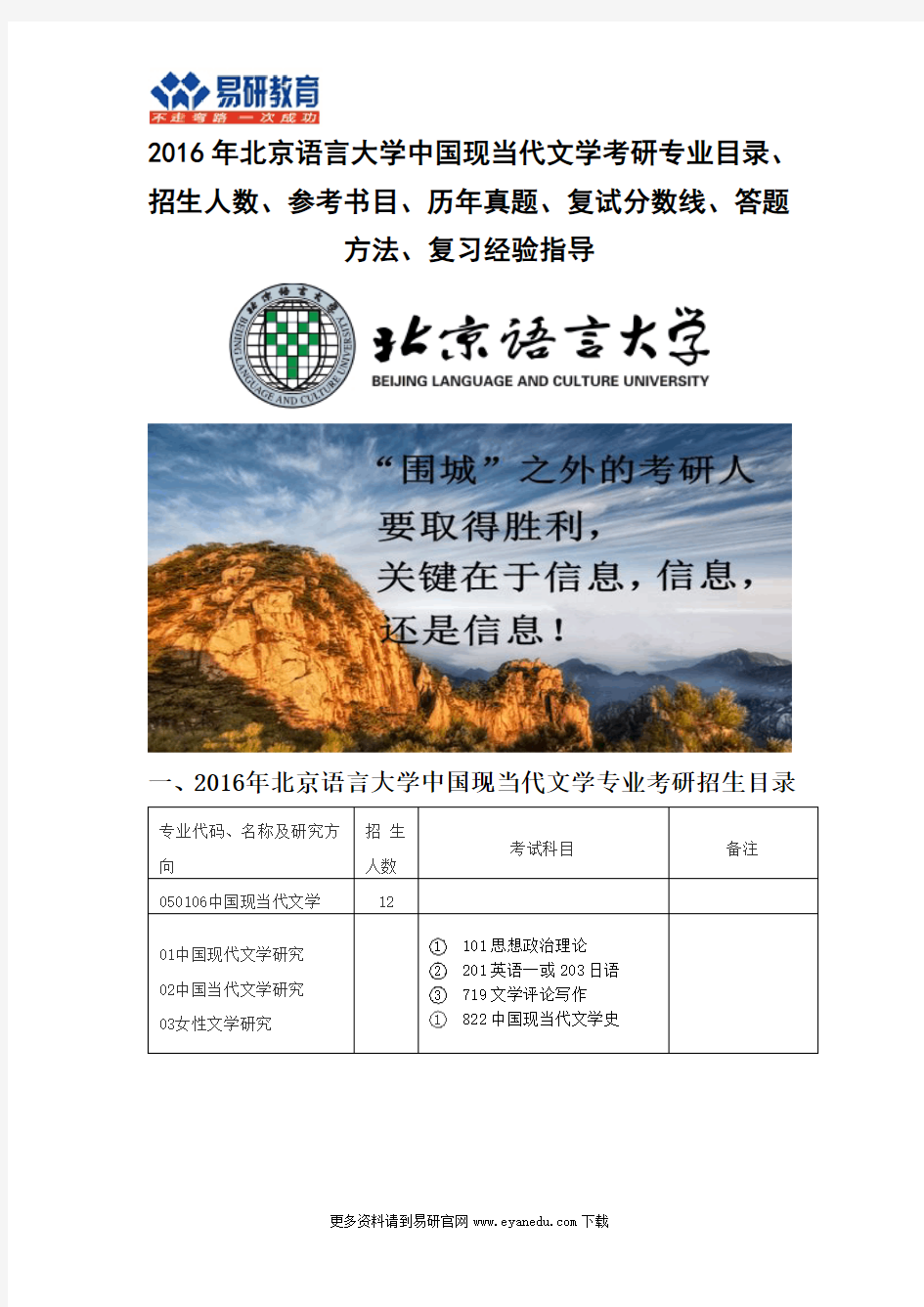 2016北京语言大学中国现当代文学考研专业目录招生人数参考书目历年真题复试分数线答题方法