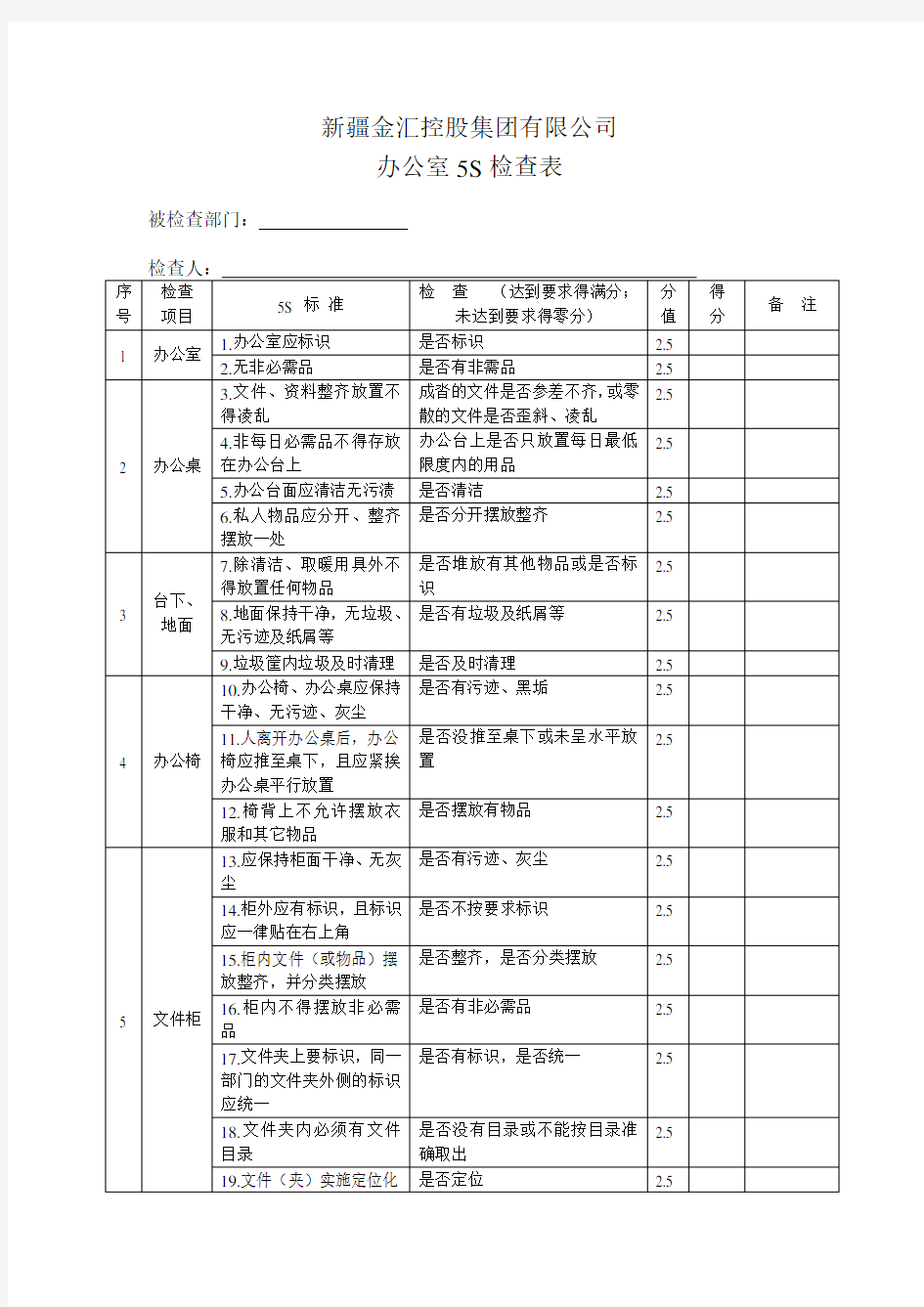 办公室5S检查表