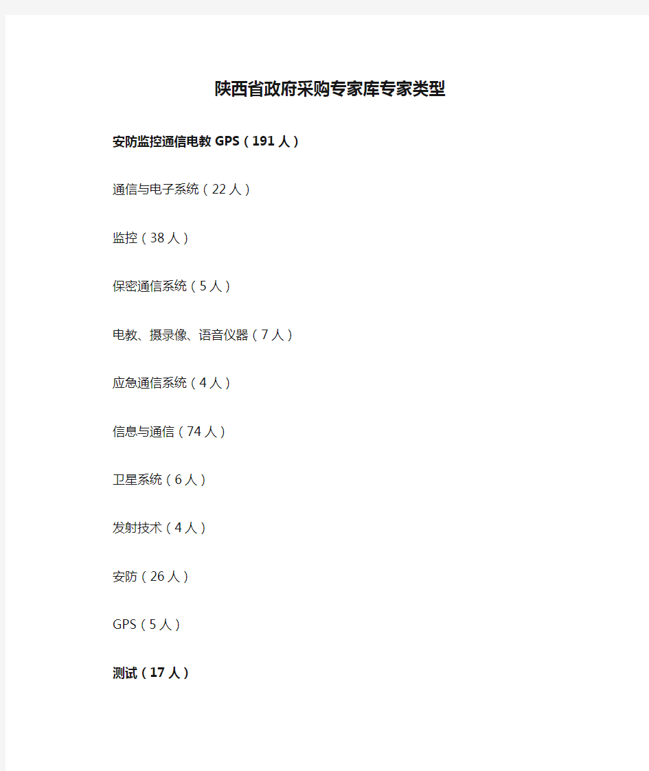 陕西省政府采购专家库专家类型(2015年11月)