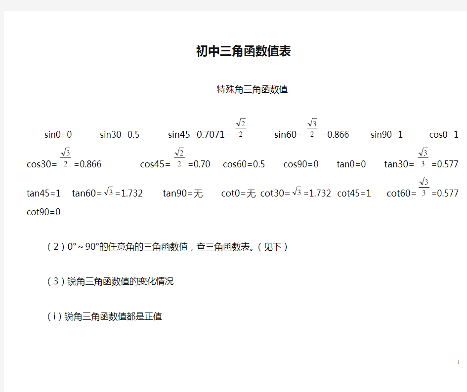 初中三角函数值表