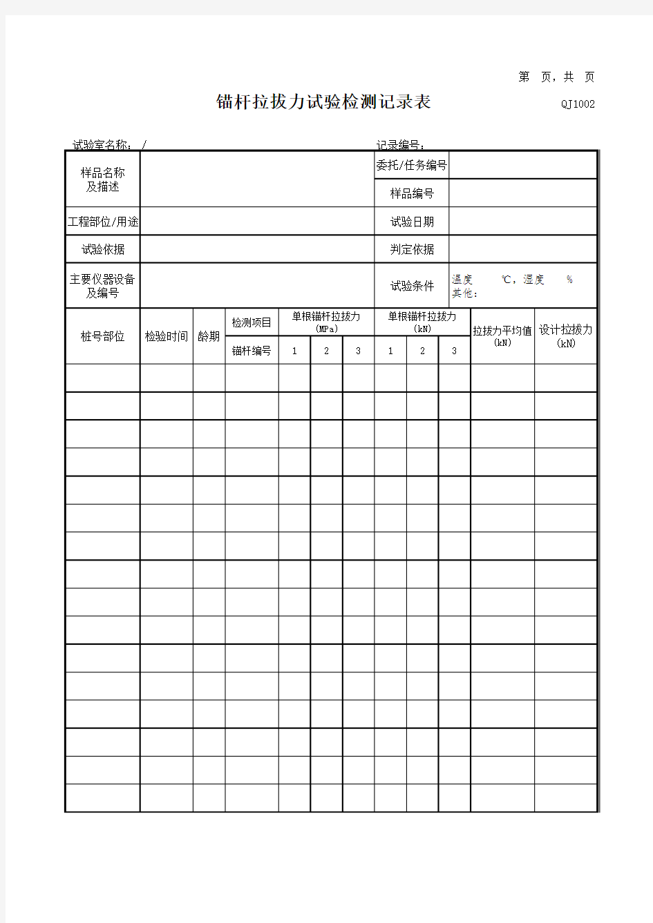 锚杆拉拔力试验检测记录表