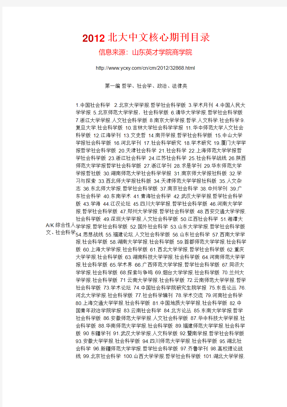 2012北大中文核心期刊目录(权威版)