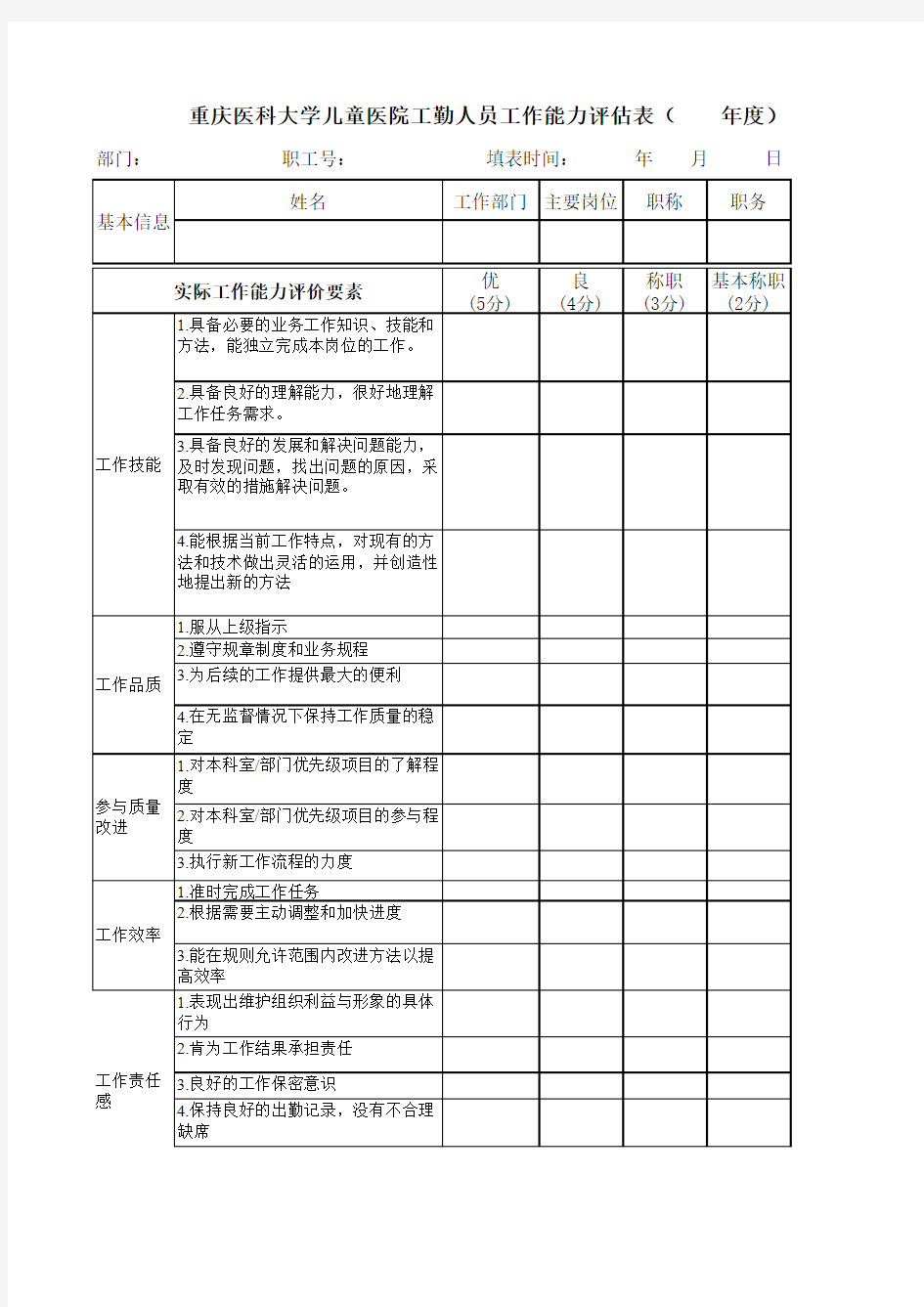 工作能力评估表2015