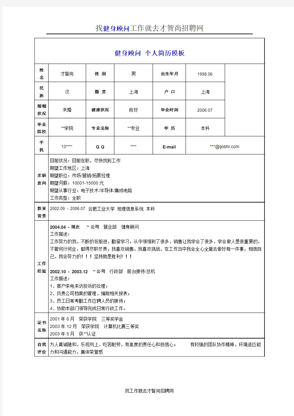 健身顾问个人简历模板