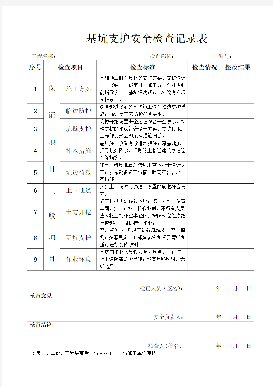 基坑支护安全检查记录表